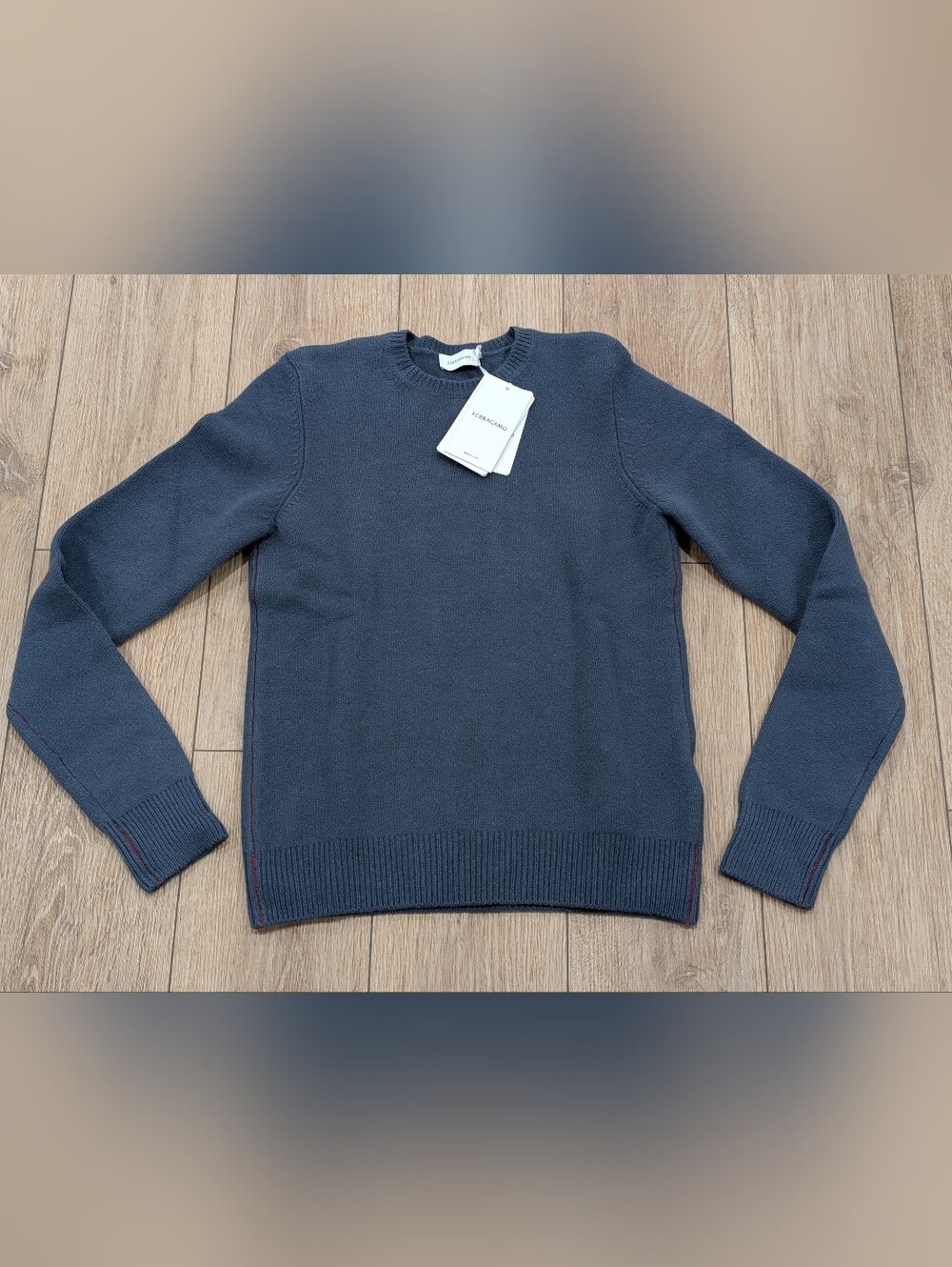 $1650 Mens Ferragamo Cashmere Blend Crewneck Sweater Graphite Blue Medium Slim